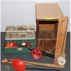 PAIR OF ICE FISHING RODS, TIP UPS & TACKLE BOX