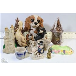 FLAT OF ASSORTED ORNAMENTS 3 PUPPIES, DUCK, CANDLE