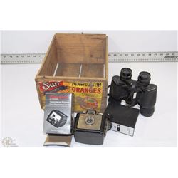 WOODEN CRATE WITH BELL AND HOWELL BINOCULARS,