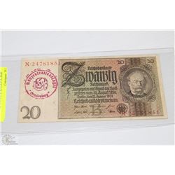 GERMAN WWII BANK NOTE STAMPED CONCENTRATION CAMP