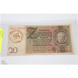 GERMAN WWII BANK NOTE STAMPED CONCENTRATION CAMP