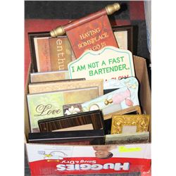 BOX W/PLAQUES, PICTURES & DECORATIVE