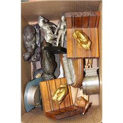 ESTATE BOX WITH ORNAMENTS, BOOKENDS CLOCKS ETC