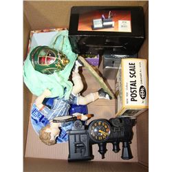 ESTATE BOX OF ORNAMENTS, POSTAGE SCALES, DESK