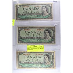 THREE 1954 CANADIAN ONE DOLLAR BANKNOTES
