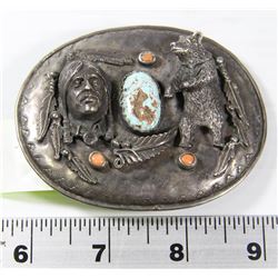 SOLID SILVER VINTAGE BELT BUCKLE WITH TURQUOISE,