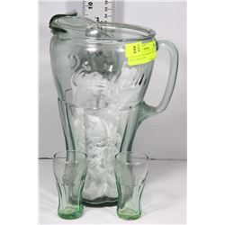 COCA COLA GLASS BEER PITCHER AND 2 MINI CUPS