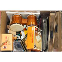 ESTATE BOX WITH MEAT GRINDERS, MINI DRUMS, RECORDS