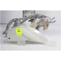 STONE CARVED DOLPHIN AND MARBLE BULL ORNAMENT
