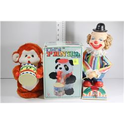 VINTAGE ANIMATED CLOWN, PANDA AND MONKEY TOYS