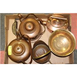 TRAY OF ASST COPPER AND BRASS KETTLES ETC
