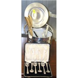 ICE BUCKET WITH SILVER CUTLERY ETC