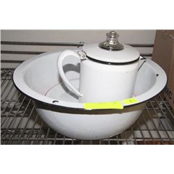 VINTAGE ENAMEL BOWL,PLATES  AND COFFEE POT