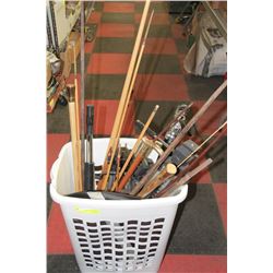 ESTATE BASKET WITH POOL CUES, WALKING CANES,