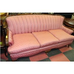 VINTAGE WOOD CARVED PINK FABRIC SOFA