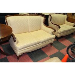 VINTAGE WOOD CARVED YELLOW FABRIC LOVE SEAT X2