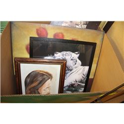 LARGE BOX W/PLAQUES, PICTURES & CANVAS