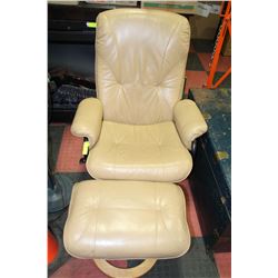 TAN LEATHER CHAIR WITH MATCHING OTTOMAN