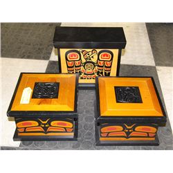 3 PC WOOD CARVED NATIVE BOX SET