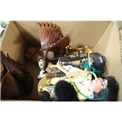 BOX OF WOOD CARVED ORNAMENTS WITH PORCELAIN NATIVE