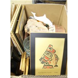 BOX WITH ESTATE PICTURES, ORNAMENTS ETC