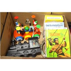BOX WITH VINTAGE TOYS AND BOOKS