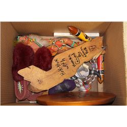 BOX OF NATIVE ORNAMENTS AND BEADED MOCCASSINS