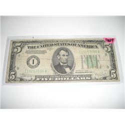 1934 SERIES C RARE *FEDERAL NOTE* $5.00 SERIAL # I19257096A. CURRENCY BILL CAME OUT OF SAFE!!