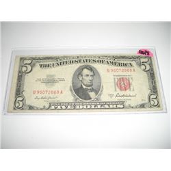 1953 SERIES A RARE *RED SEAL-BOND* $5.00 SERIAL # B96072868A. CURRENCY BILL CAME OUT OF SAFE!!