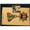 Image 1 : Brass enameled Badge with Ribbon. Pendant has star burst design, shield with Liberty Cap and "Nova Y