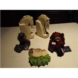 Chalkware Horse Book Ends- 1983 Legends Owls - Wooden Clock