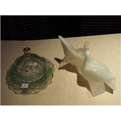 Antique Butter Dish w/ Green Pattern - Marble Love Doves