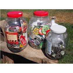 Jars Full of Items (3) (Bottle Openers/Watch Parts/Pin Back Buttons)
