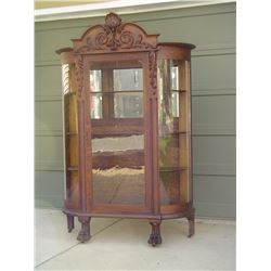 Huge 48” 1/4 Cut Oak Paw Footed Fancy Curved Glass China Cabinet