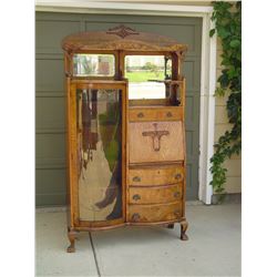 Large Ornate Paw Footed 1/4 Cut Oak Curved Glass Secretary Bookcase