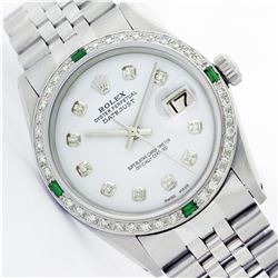 Mens Rolex Stainless Steel Diamond and Emerald Datejust Wristwatch