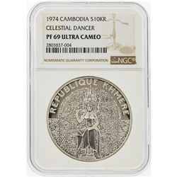 1974 10KR Cambodia Silver Celestial Dancer Coin NGC PF69 Ultra Cameo