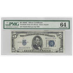 1934C $5 Silver Certificate Note PMG Graded Choice Uncirculated 64