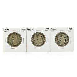 Set of 1907-S, 1908-S, 1909-S Silver Barber Half Dollar Coins
