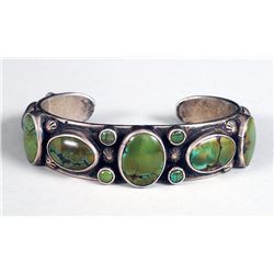 Navajo Heavy Silver Ingot and Natural Green Turquoise Row Bracelet  92.5 GMS 6 1/4" L. 3/4" W. 1 3/8