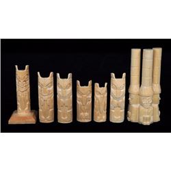 Seven Haida Miniature Cedar Totems Carved by Leon Ridley 2 1/4" H. - 4 1/2" H.  All In Good Conditio