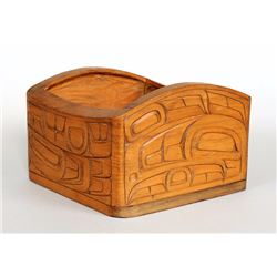 Doug Cranmer Bent Wood Box with Carved Design a UBC Presentation To John McCreary 7 3/8" Sq. 5" H.  