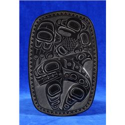 Pat Dixon Argillite Dish Carved with Eagle and Killer Whale 7 7/8" L. 5 1/4" W.  Good Condition