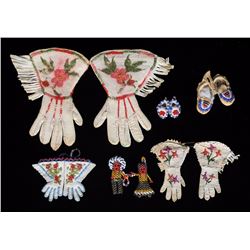 Six Miniature Items, Moccasins 1" L. -  Embroidered Gloves 4" L. - Estate of Alfred Higens Barber, I
