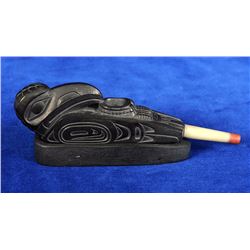 Haida Argillite Pipe Depicting a Raven by Gary Minaker Russ 5" L.  Good Condition