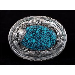 Navajo Silver and Spider Web Turquoise Belt Buckle with Silver Leaf, Twister Wire and Stamped Design