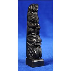 Haida Argillite Totem Carved with Bear Cub on a Bear and Wasco 4 1/8" H.  Good Condition