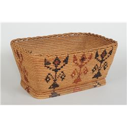 Lillooet Basket with Imbricated Corn Flower Design and Crenulated Rim 12" L. 8 1/2" W. 6" H.  Good C