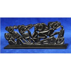 Haida Argillite Panel Carved with Six Transforming Figures 8" L. 3 1/4" H. Good Condition