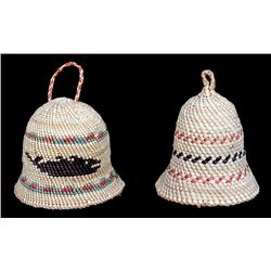 Two Nuu-chah-nulth Basketry Bells Made by Mrs. Jewells with Whale Design 2 1/4" D. 2" H. and Geometr